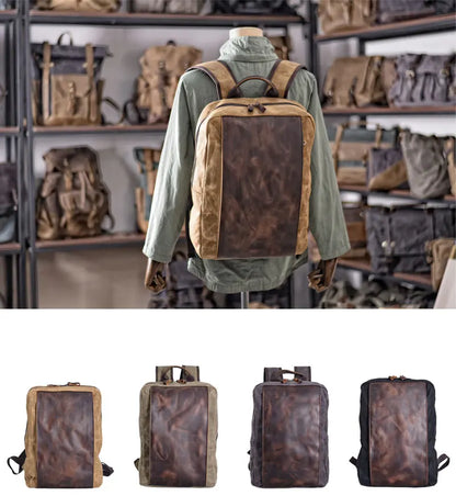 Batik Canvas and Cowhide Leather Durable Outdoor Hiking Everyday Backpack