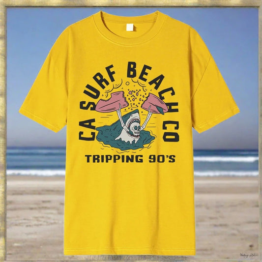 Tripping 90's California Surf Beach Co 100% Cotton Shark & Skull T-Shirt