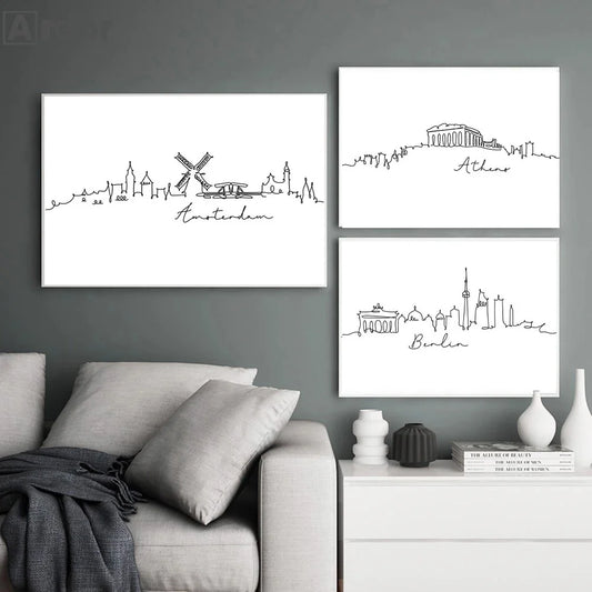 European Cityscapes Abstract B/W Sketch Wall Canvas Art Home Decor