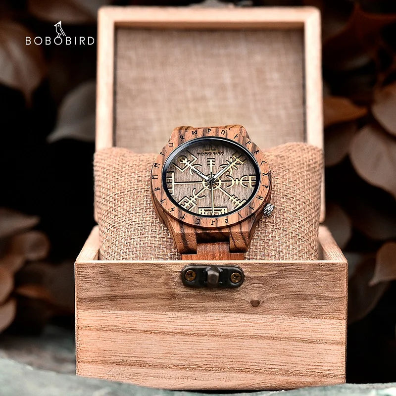 BOBO BIRD Viking Vegvisir Symbol Wooden Watch with Gift Box