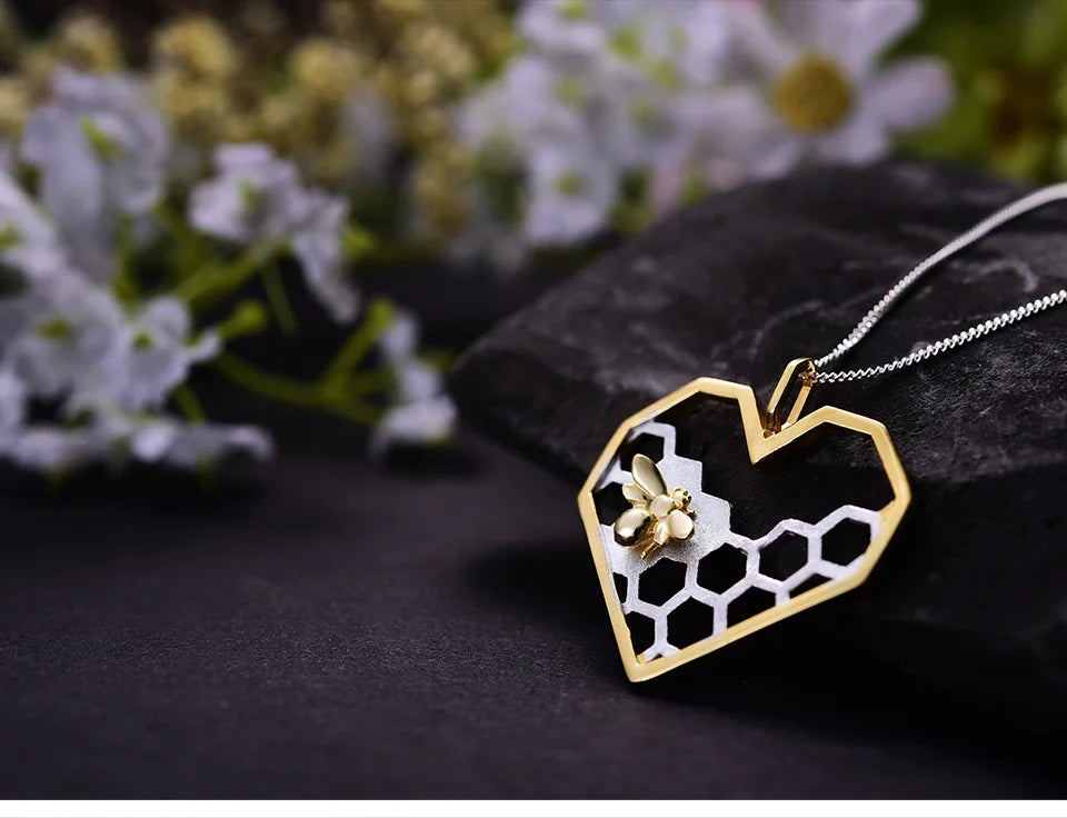 Honeycomb Heart 925 Sterling Silver Fine Jewelry Bee Love Heart Pendant (without chain)