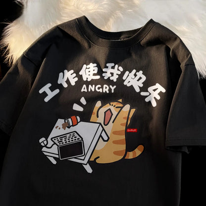 Angry Cat Needs A Vacation Trendy Spring Print Chinese Graphic Tee