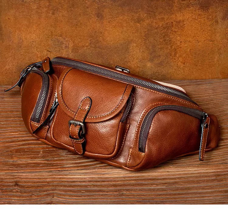 Genuine Western-Style Cowhide Leather Outdoor Adventure Men's Fashion Chest Waist Bag