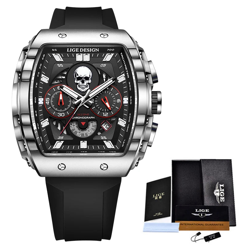 LIGE Men's Concave Fashion Skull Quartz Luxury Chronograph Watch