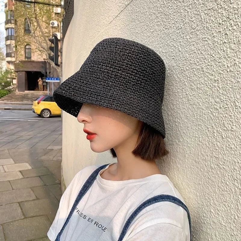 Beach-Ready Casual Chic Korean-Style Summer Straw Bucket Hat