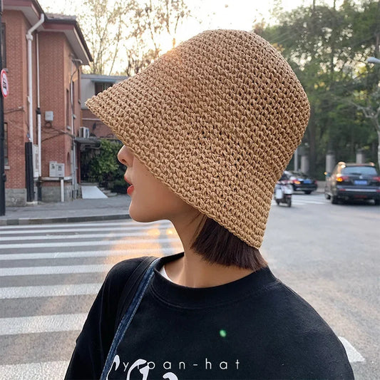 Beach-Ready Casual Chic Korean-Style Summer Straw Bucket Hat