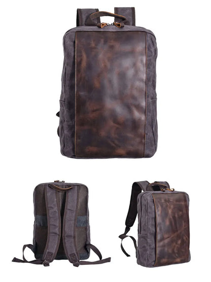 Batik Canvas and Cowhide Leather Durable Outdoor Hiking Everyday Backpack