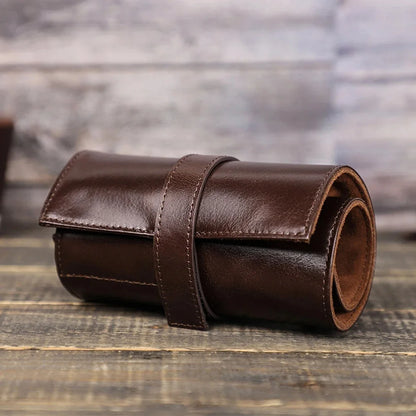 6-Watch Genuine Oil-Waxed Leather Roll-Up Business Travel Case Organizer