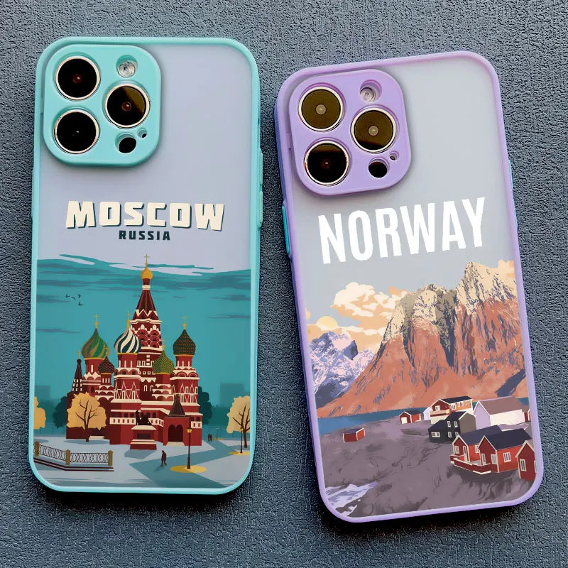 World Destinations Cartoon Scenery Phone Case for iPhones
