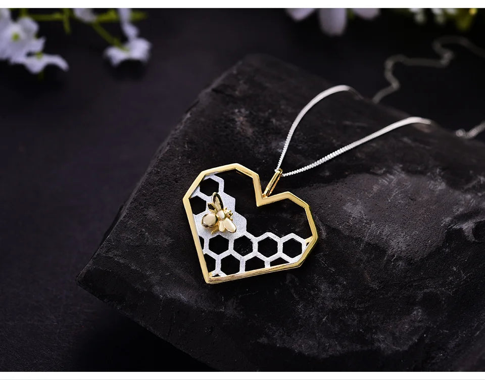 Honeycomb Heart 925 Sterling Silver Fine Jewelry Bee Love Heart Pendant (without chain)