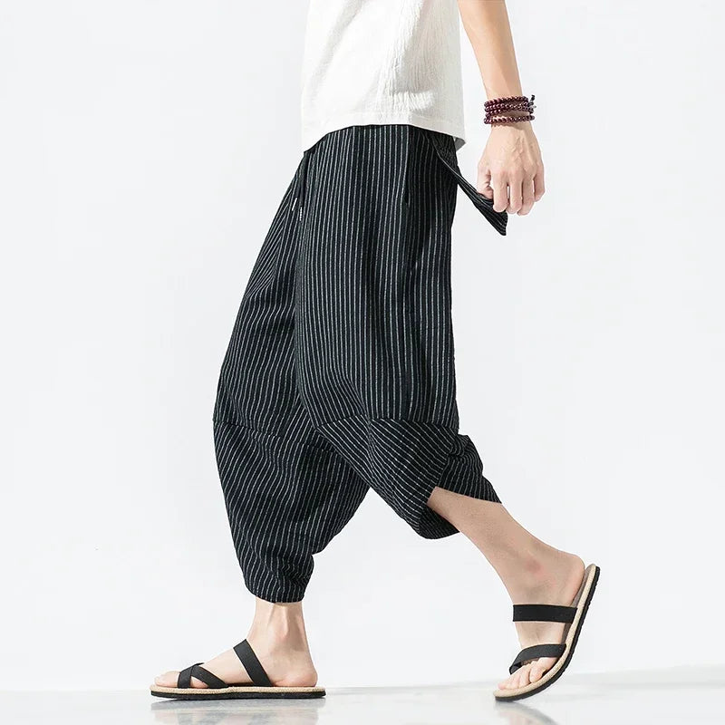 Japanese Zen Summer Harajuku Fashion Calf Length Casual Wide Leg Cotton Harem Pants