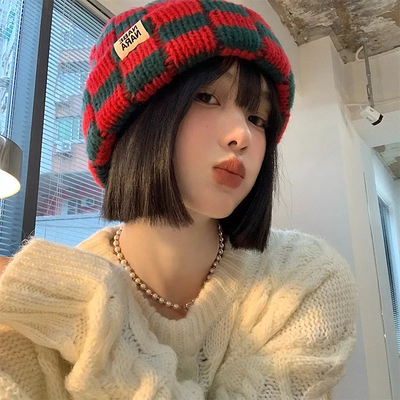 Cute & Fun Chessboard Plaid Knit Winter Korean Japanese Beanies for Women