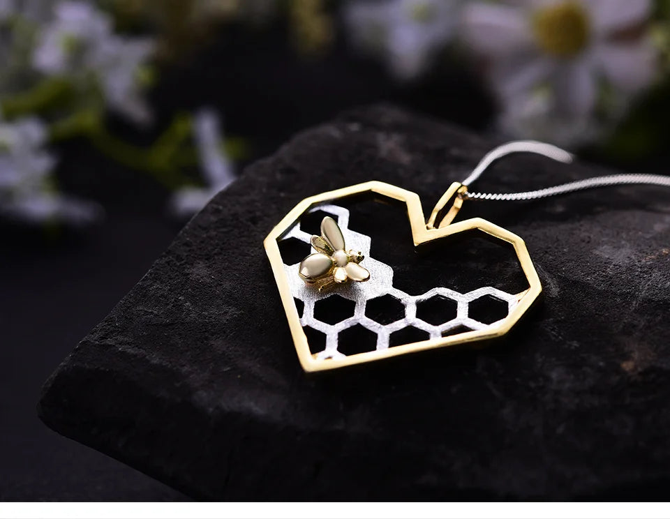 Honeycomb Heart 925 Sterling Silver Fine Jewelry Bee Love Heart Pendant (without chain)