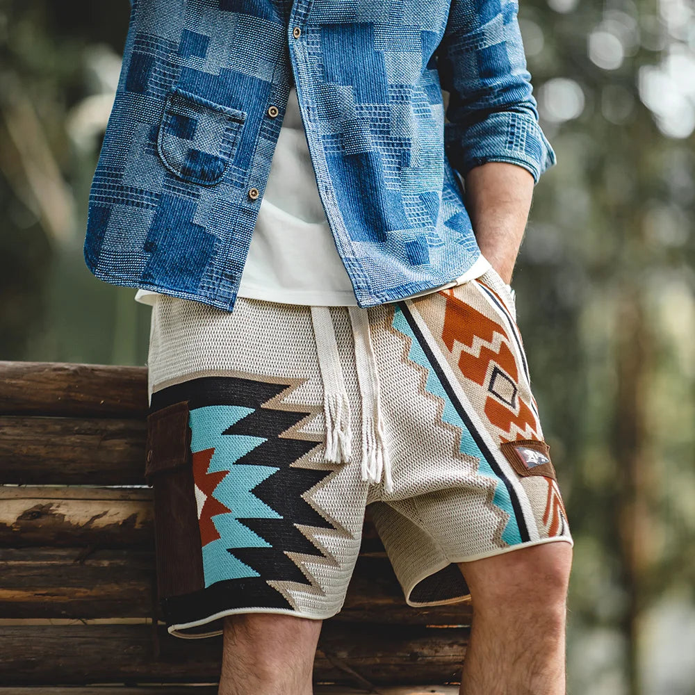 Navajo Totem Knitted Casual Elastic Waist Drawstring Beach Shorts