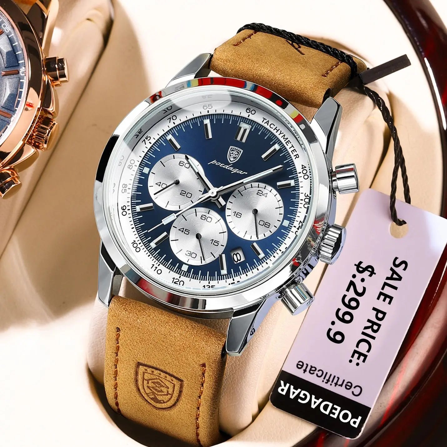 POEDAGAR Luxury Water Resistant Chronograph Luminous Men's Leather Quartz Wristwatch