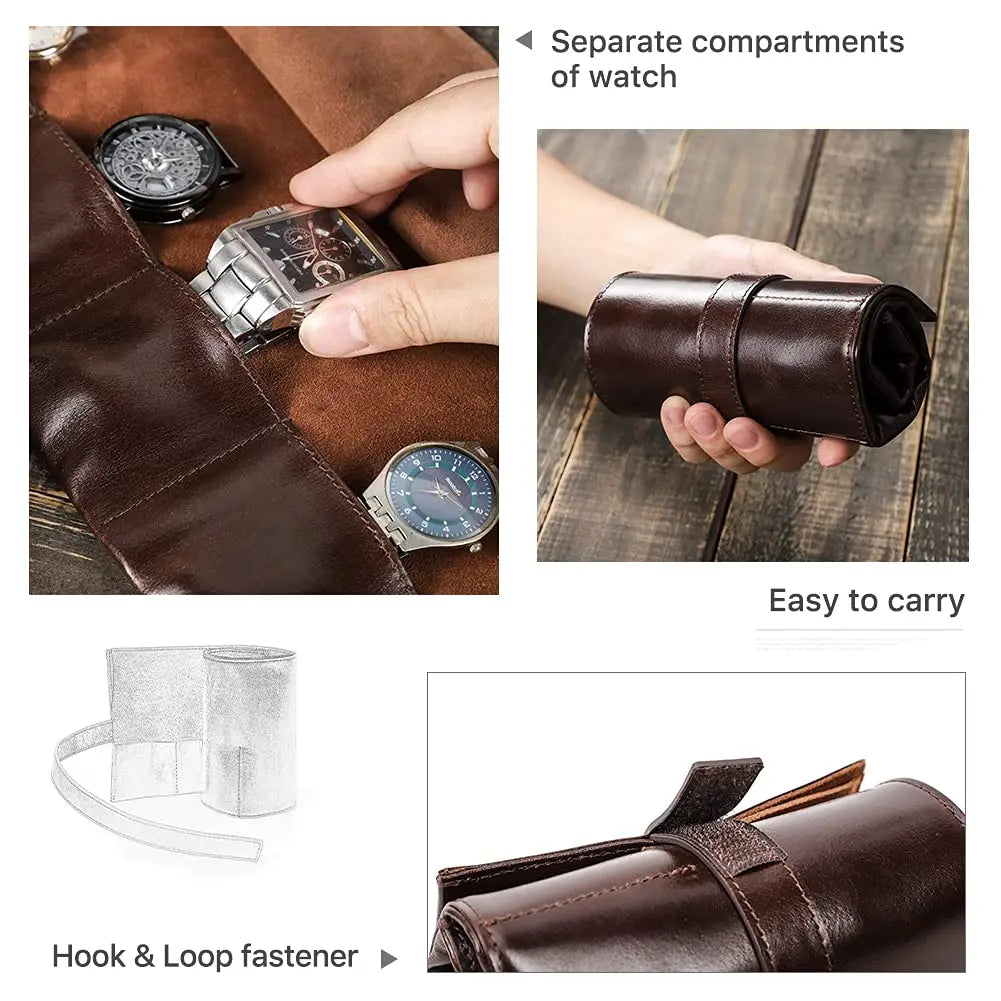 6-Watch Genuine Oil-Waxed Leather Roll-Up Business Travel Case Organizer