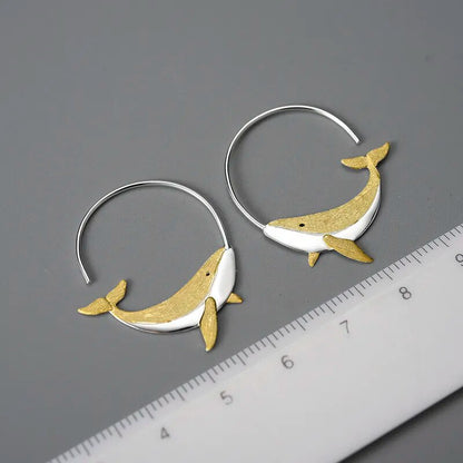 18K Gold Playful Whale Round Hoop Earrings