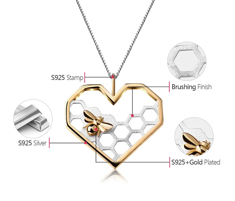 Honeycomb Heart 925 Sterling Silver Fine Jewelry Bee Love Heart Pendant (without chain)