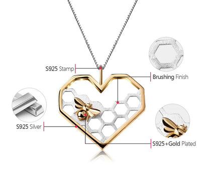 Honeycomb Heart 925 Sterling Silver Fine Jewelry Bee Love Heart Pendant (without chain)