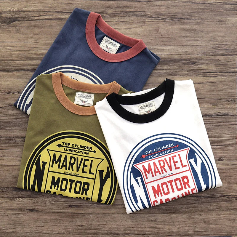 American Road Trip Retro "Marvel Motor Gasoline" 100% Cotton Short-Sleeved T-Shirt