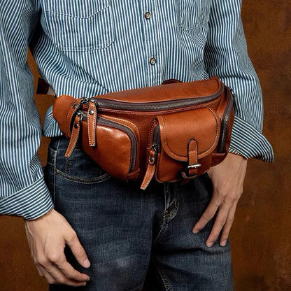 Genuine Western-Style Cowhide Leather Outdoor Adventure Men's Fashion Chest Waist Bag