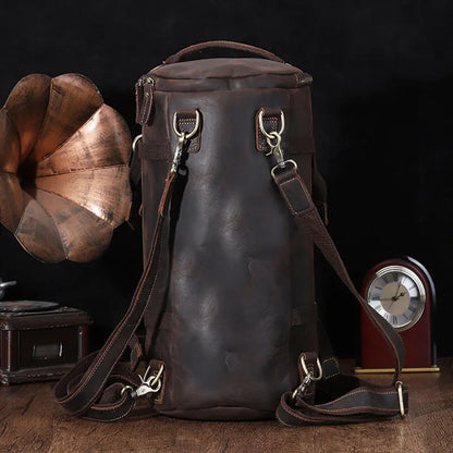 Luufan Unique Classic-Style Crazy Horse Leather Double Strap Barrel Duffel Bag