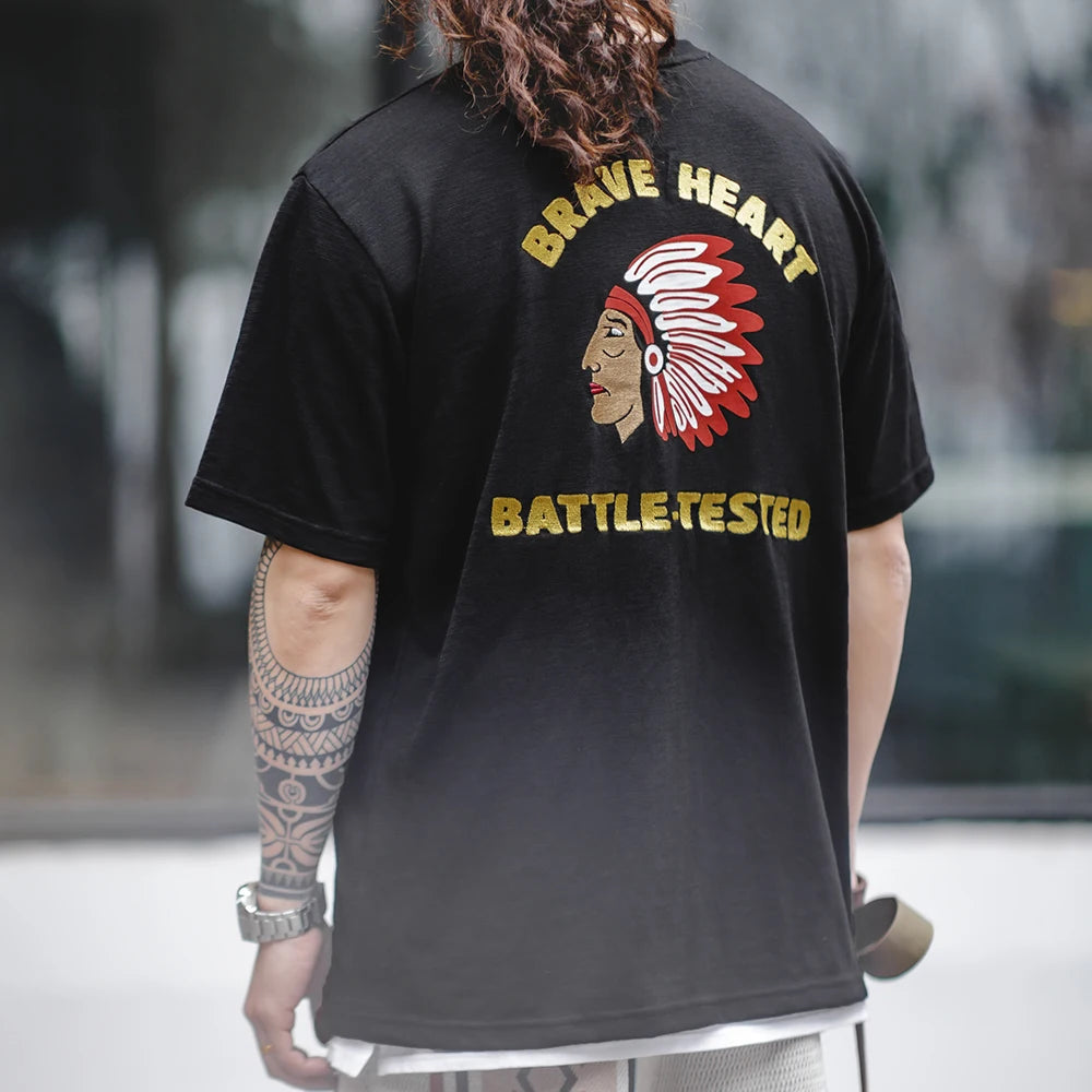 "Brave Heart Battle-Tested" Retro Navajo Native American Warrior Embroidered T-Shirt