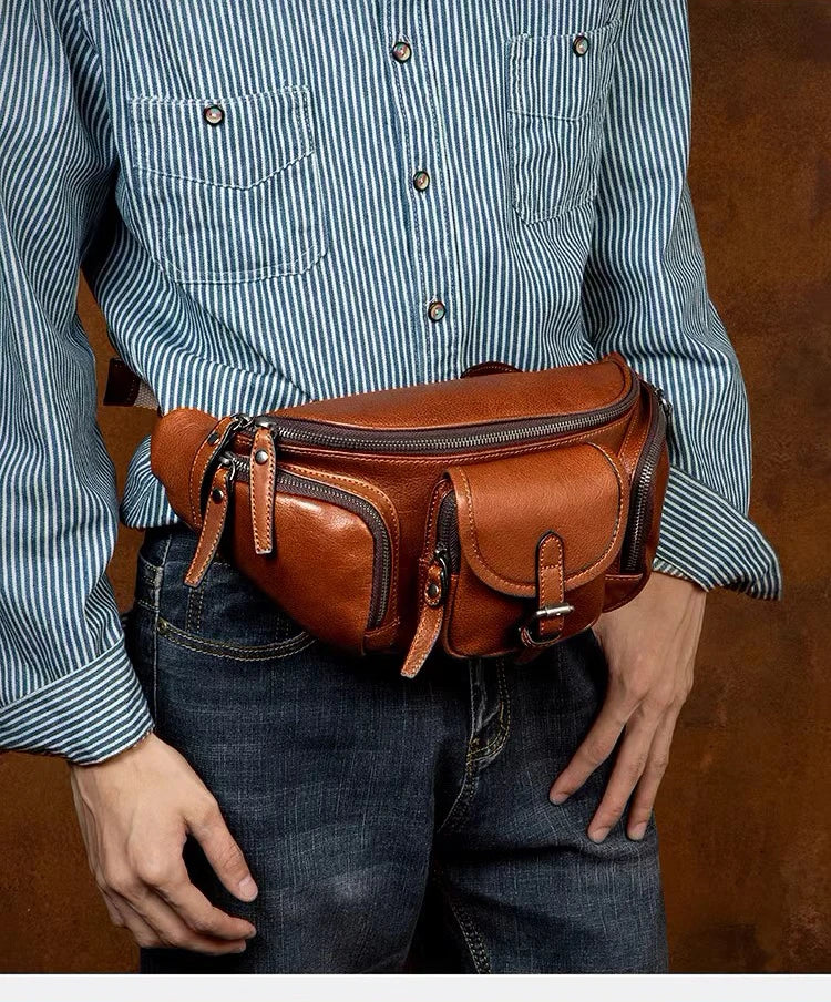 Genuine Western-Style Cowhide Leather Outdoor Adventure Men's Fashion Chest Waist Bag