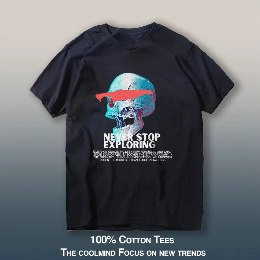 100% Cotton "Never Stop Exploring" Skull Print T-Shirt