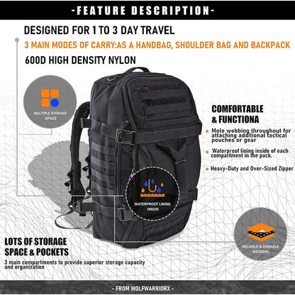 3-Way Waterproof Travel Military Tactical Duffle Backpack