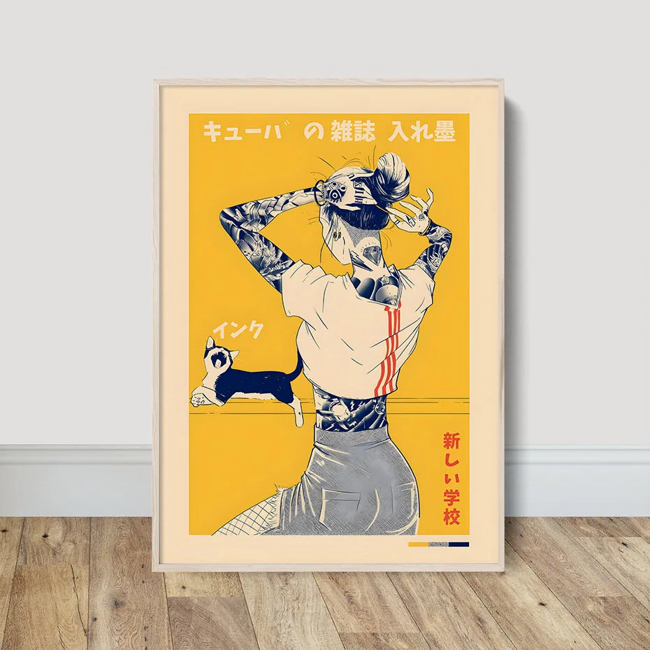 Japanese Cat Vintage Charm Canvas Painting Wall Art Unframed Print Home Decor