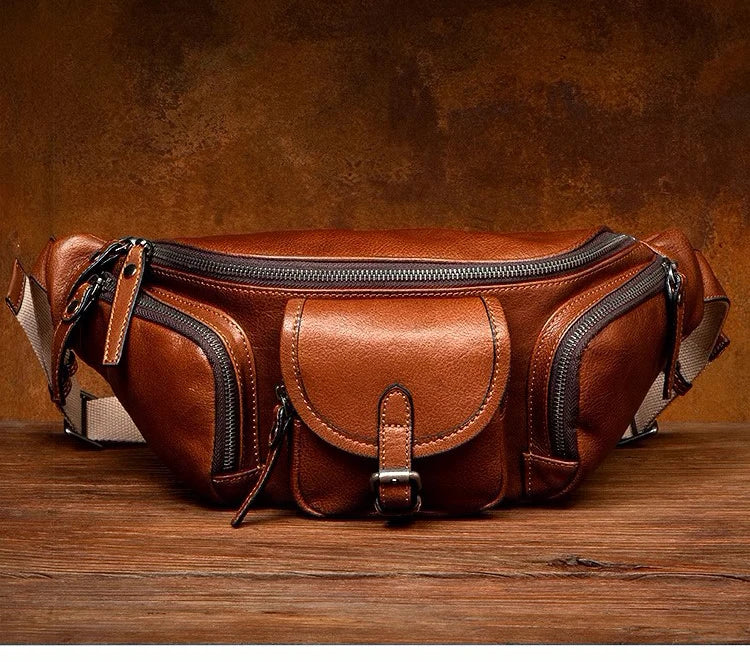 Genuine Western-Style Cowhide Leather Outdoor Adventure Men's Fashion Chest Waist Bag