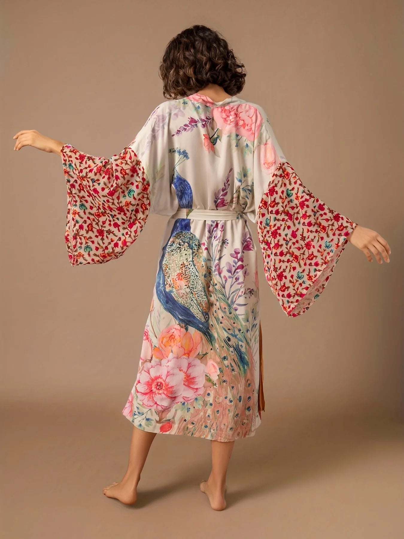 Women's Peacock Print Beach Kimono Swimsuit Cover Up Beachwear