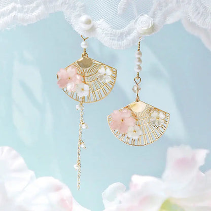 Modern-Twist Traditional Japanese-Style Folding Fan Crane Dangle Earrings