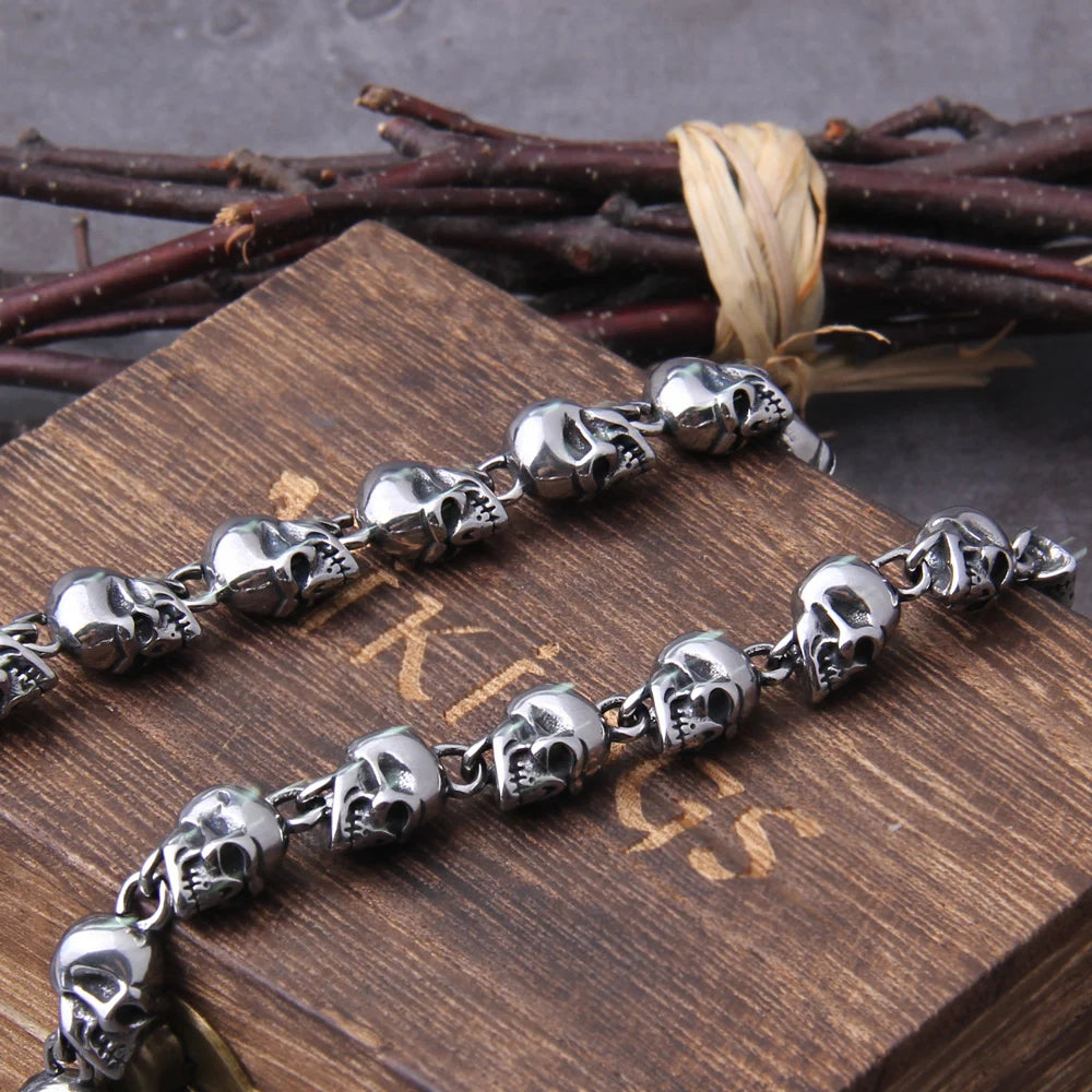 Viking Punk Stainless Steel Skull Chain Necklace w/ Wooden Box