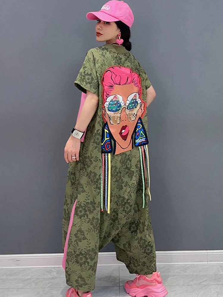 Chic Patchwork Art Print Short Sleeve Summer Travel Jumpsuit