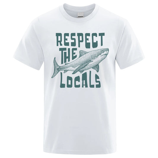 "Respect The Locals" Shark Print 100% Cotton T-Shirt