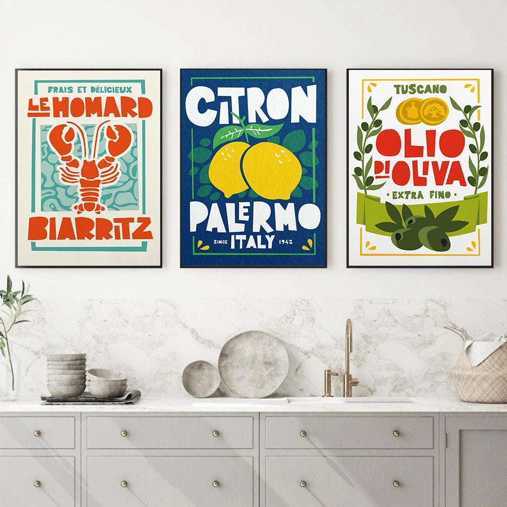 French Lobster Italian Olive Oil Kitchen Poster Canvas Print Wall Art