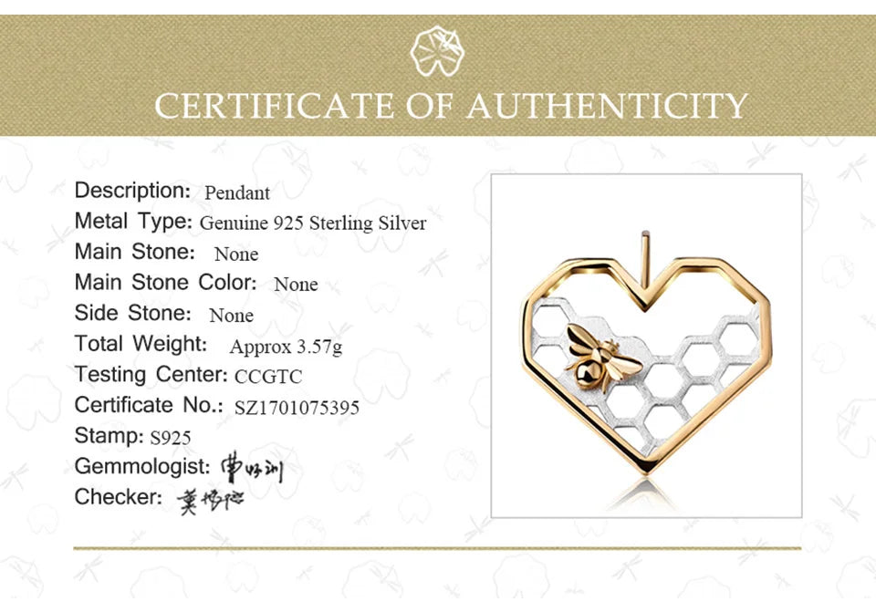 Honeycomb Heart 925 Sterling Silver Fine Jewelry Bee Love Heart Pendant (without chain)