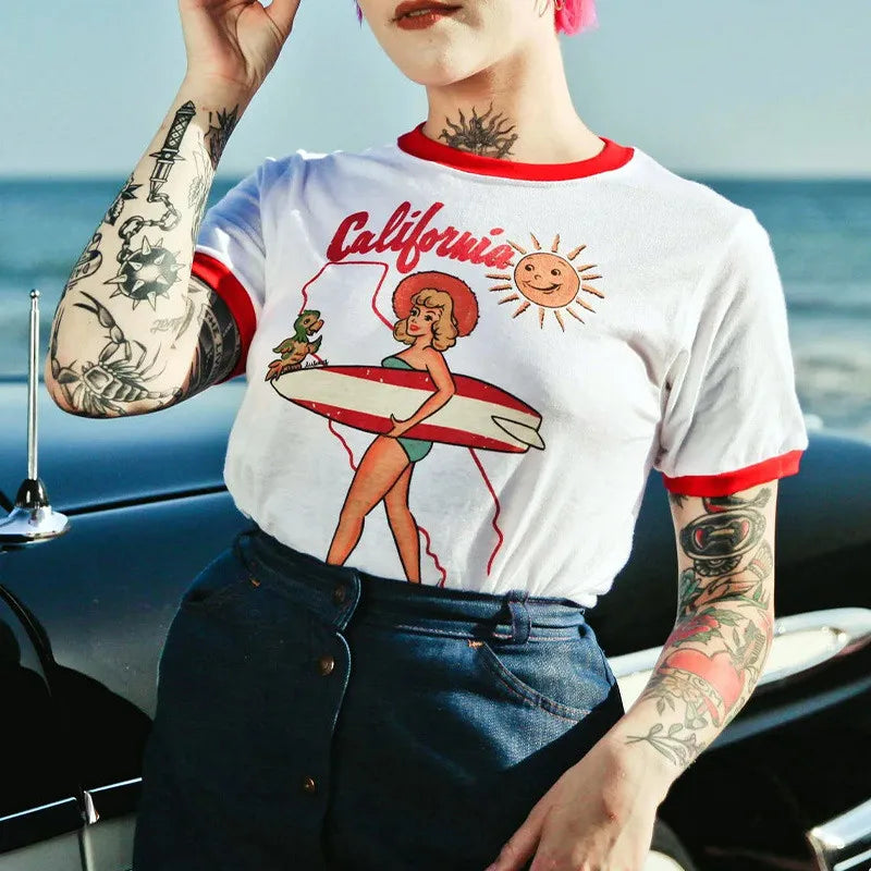 American Vintage Lady California Beach Surfing Red Ringer T-Shirt