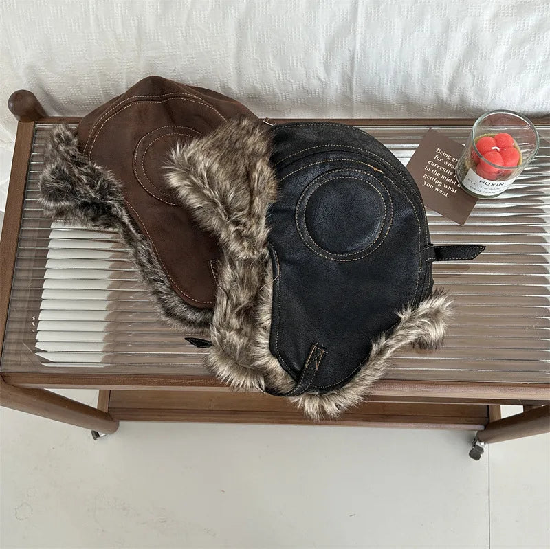 Great Steppe Korean Winter Retro Plush Faux Fur PPU Leather Bomber Pilot Hats