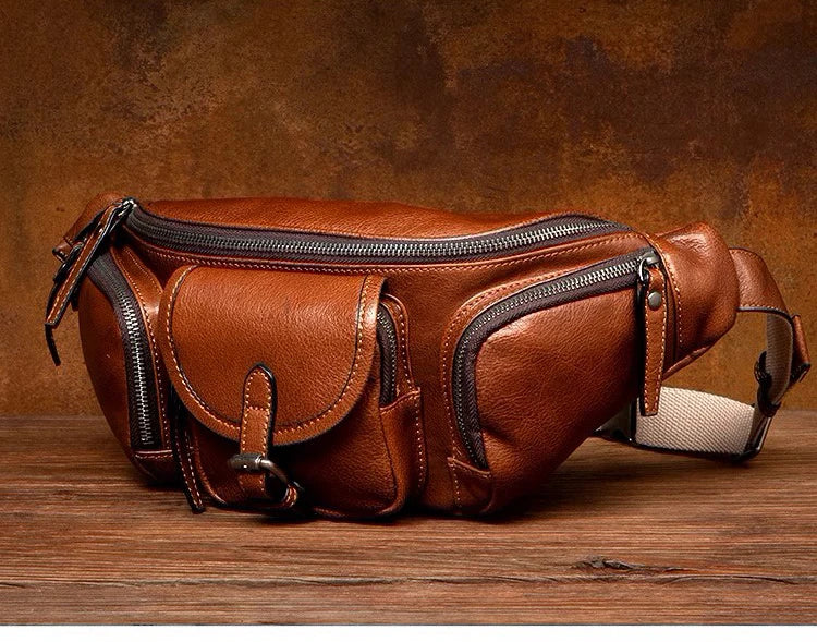 Genuine Western-Style Cowhide Leather Outdoor Adventure Men's Fashion Chest Waist Bag