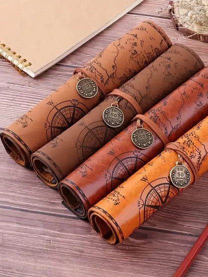 Uncharted Territory 1-Piece Creative Retro Treasure Map Roll-Up Travel Pencil Case