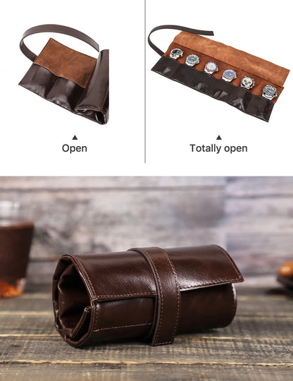 6-Watch Genuine Oil-Waxed Leather Roll-Up Business Travel Case Organizer