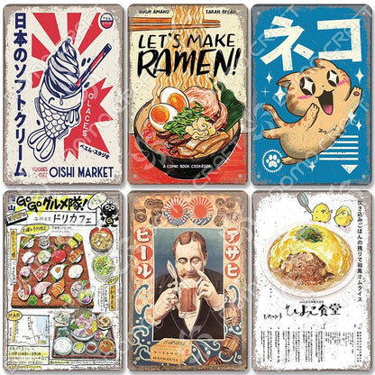 Japanese Foods Tin Sign Vintage Ramen Beer Metal Plates Wall Decor