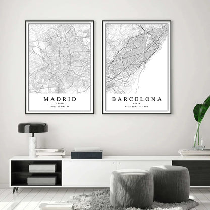 Spanish Travel Adventure Canvas City Map Wall Art Home Decor