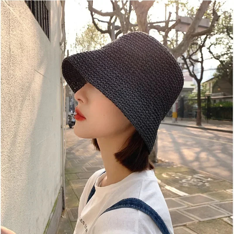 Beach-Ready Casual Chic Korean-Style Summer Straw Bucket Hat