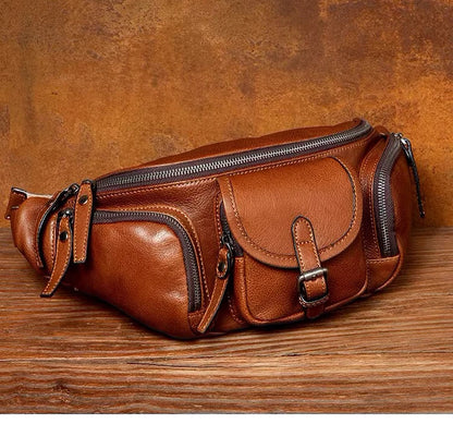 Genuine Western-Style Cowhide Leather Outdoor Adventure Men's Fashion Chest Waist Bag