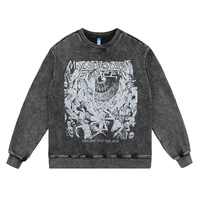 Malevolent Force Vintage-Style Washed Graphic Printed Streetwear Sweatshirt