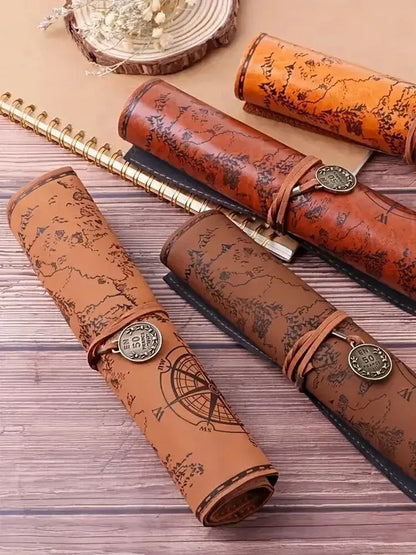 Uncharted Territory 1-Piece Creative Retro Treasure Map Roll-Up Travel Pencil Case